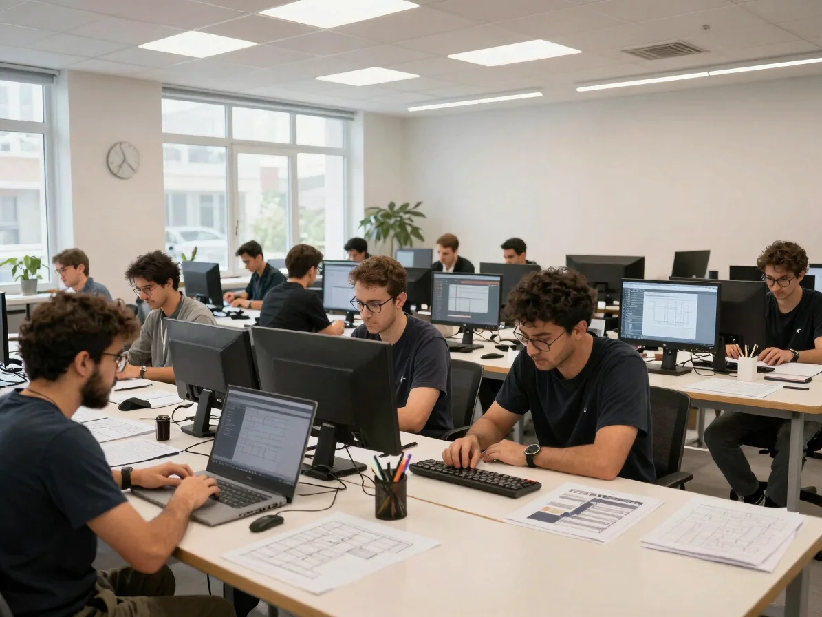 Şantiyede plan ve proje dosyası inceleyen gerçekçi profesyoneller