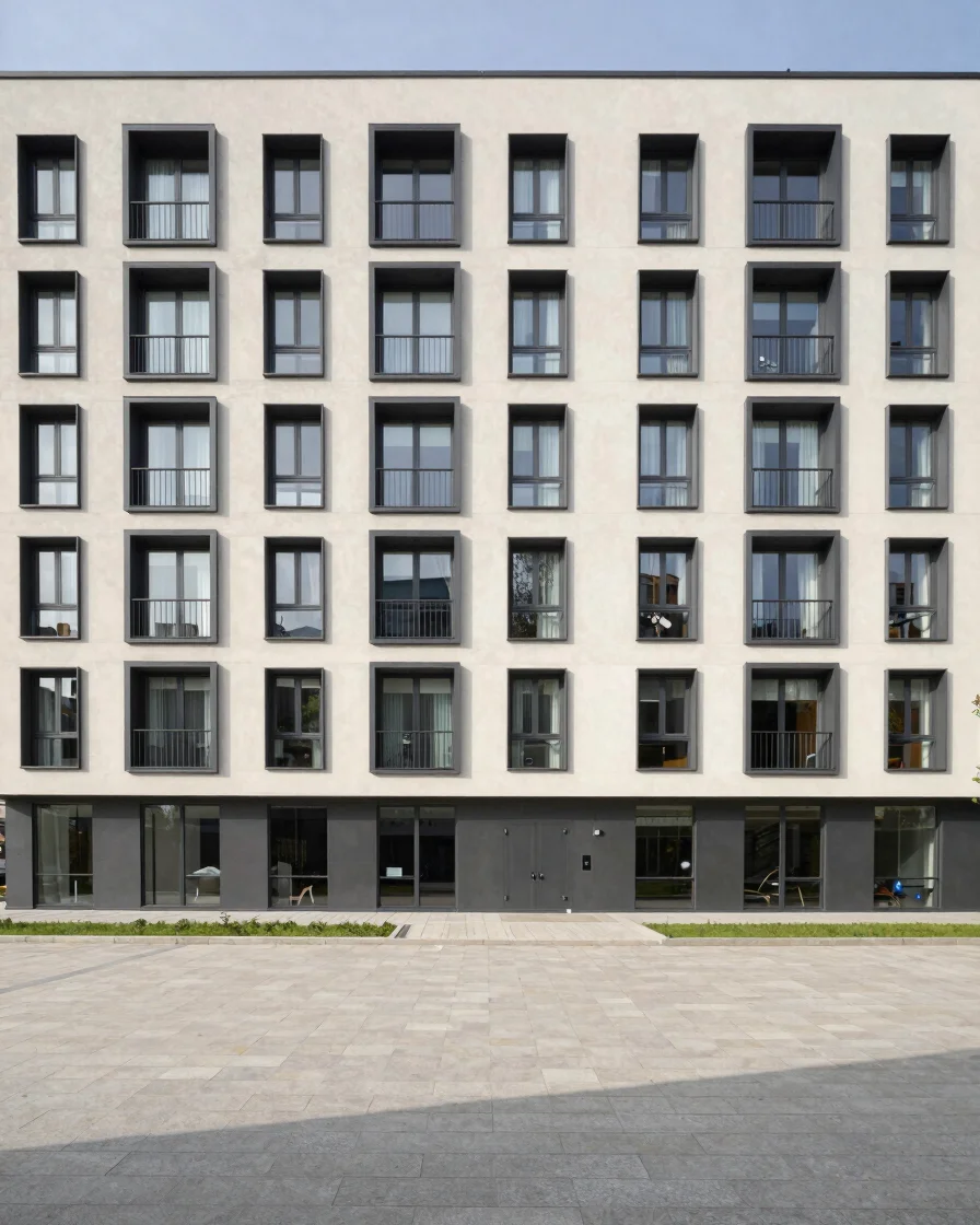 Geniş açı, doğal gün ışığıyla aydınlanmış çağdaş apartman cepheleri, düzenli pencere sıraları ve sokak dokusu, mimari ed