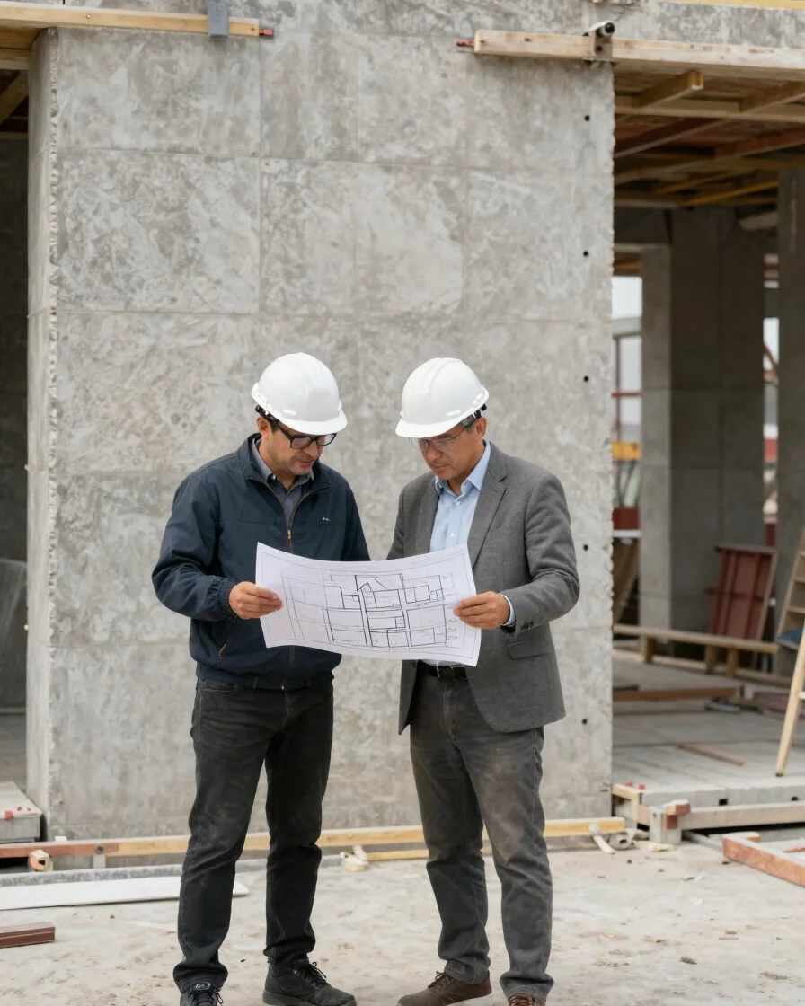 Architect and site engineer reviewing printed plans at a construction site under natural daylight, neutral stone and gra