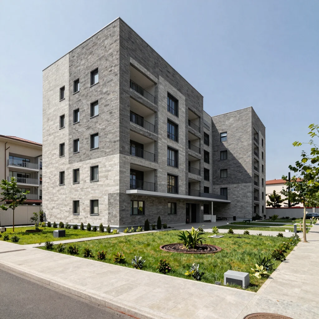 Tamamlanmış apartman bahçesi ve peyzaj düzeni, kiremit tonlu ceph