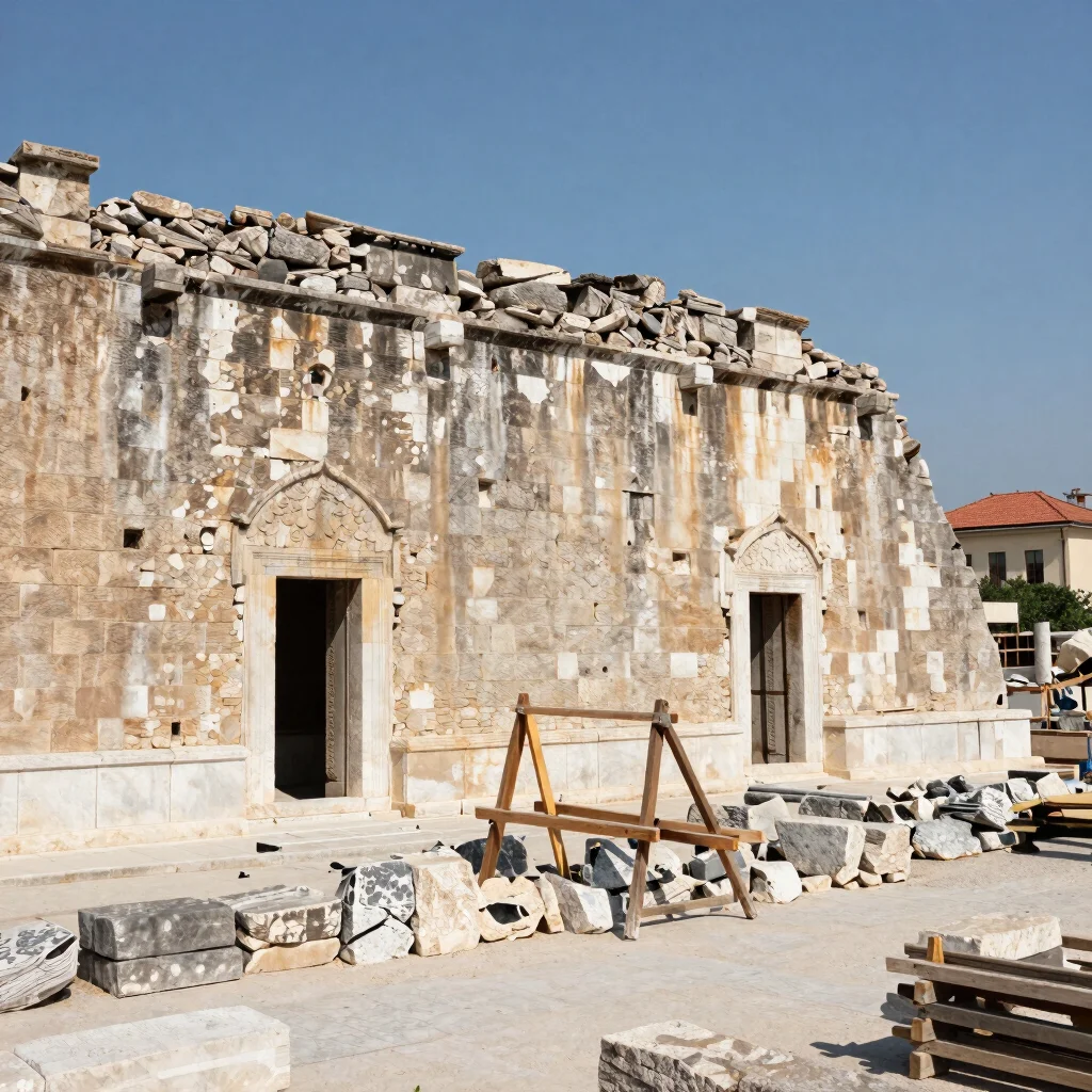 Restorasyon çalışması devam eden tarihi cephe, iskele ve koruma m