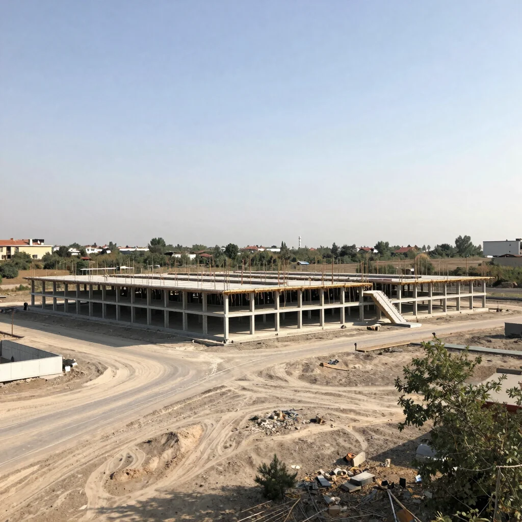 Şantiye genel görünümü, çevresiyle birlikte yapının iskelet aşama